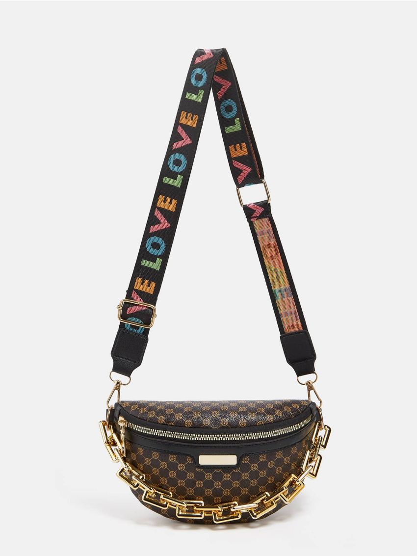 Geometric Pattern Chain Decor Waist Bag Geometric Print Fanny Pack, Trendy Chain Decor Chest Purse, Women's Wide Strap Crossbody Bag,