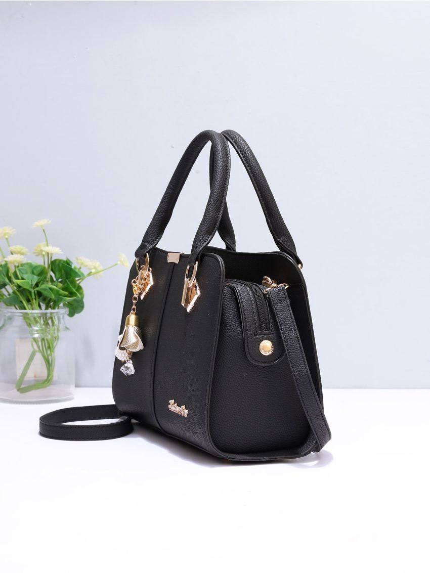 Metal Decor Satchel Bag, Women's Double Handle Purse, Fashion PU Shoulder Bag With Bag Charm, Mothers Day Gift For Mom