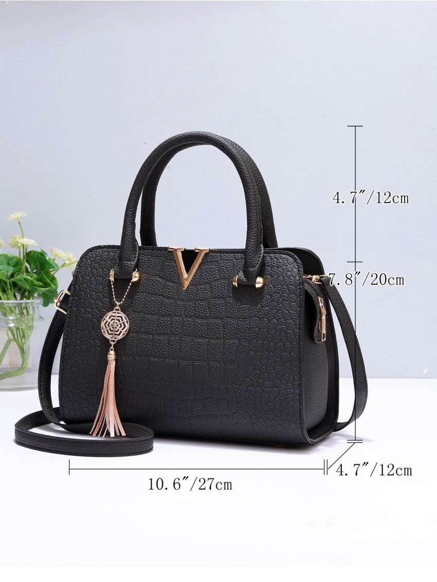 Tassel Decor Croc Embossed Satchel Bag, Mothers Day Gift For Mom