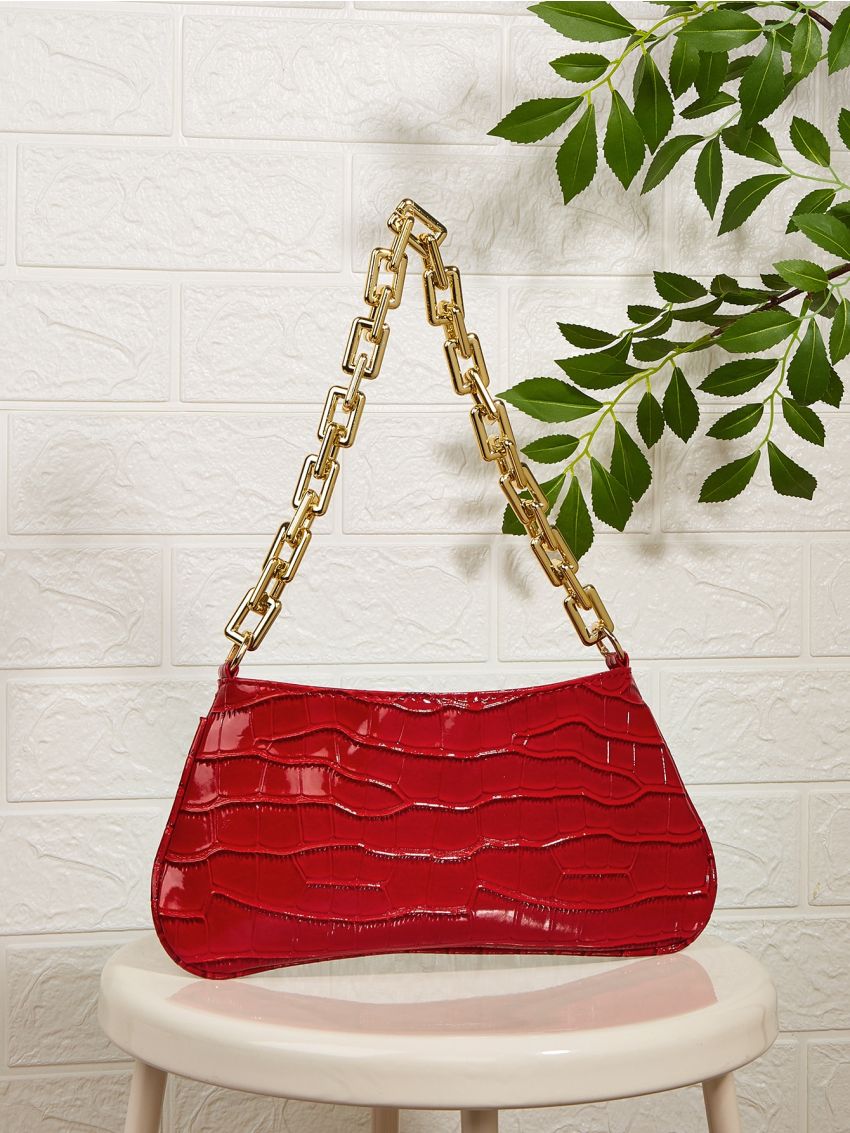Metallic Crocodile Embossed Chain Baguette Bag