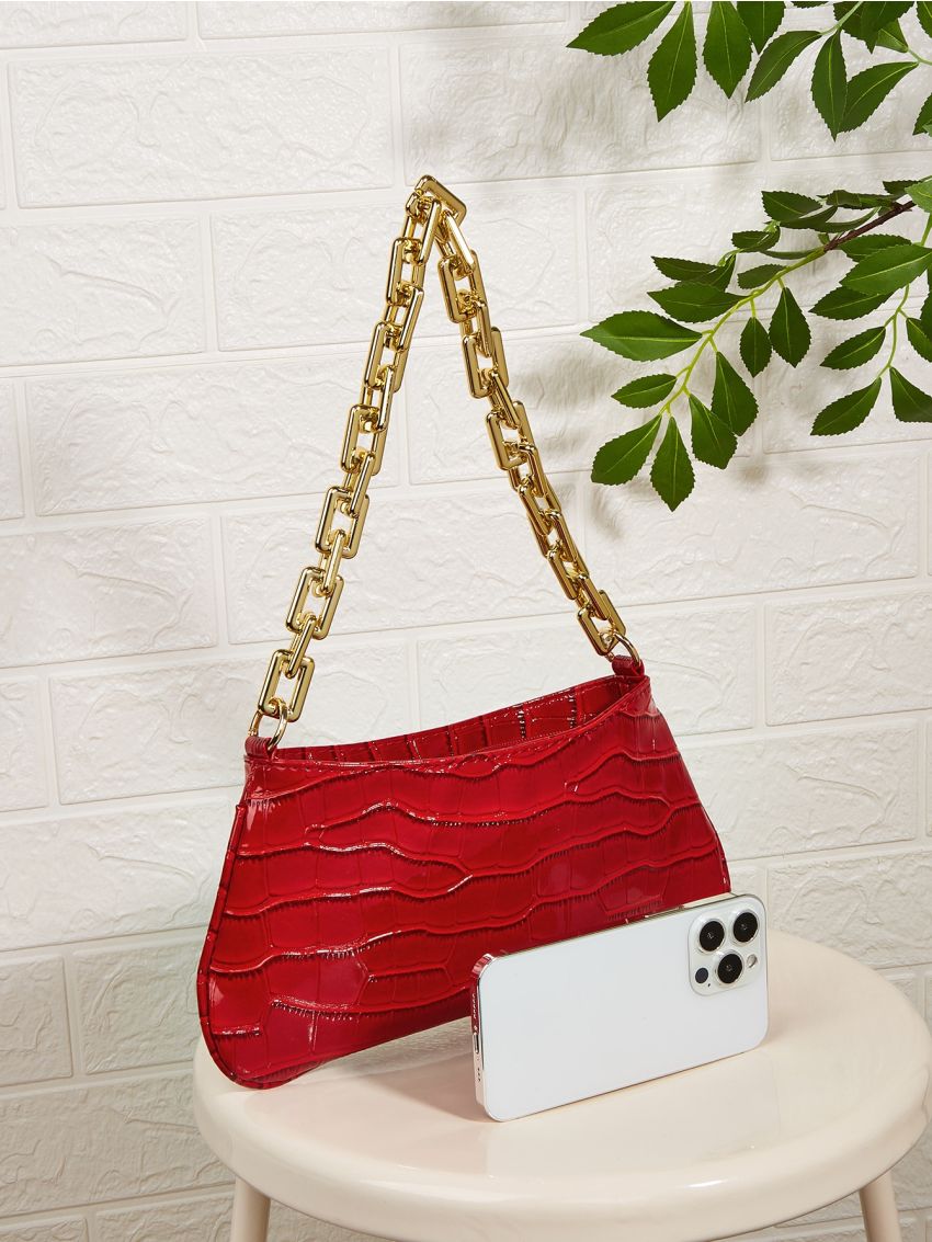Metallic Crocodile Embossed Chain Baguette Bag
