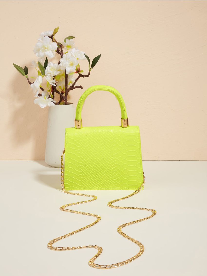 Mini Neon Lime Snakeskin Embossed Flap Square Bag
