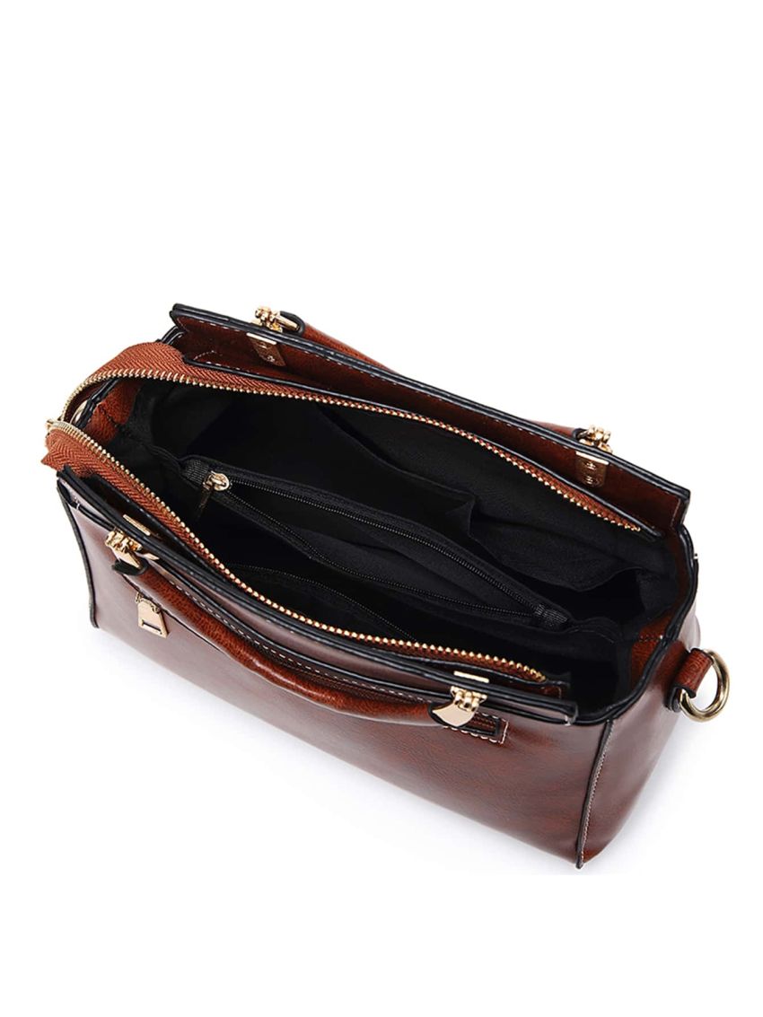 Retro Style Handbag, Women's Simple Zipper Purse Artificial Leather Crossbody Bag Metal Detail Square Bag