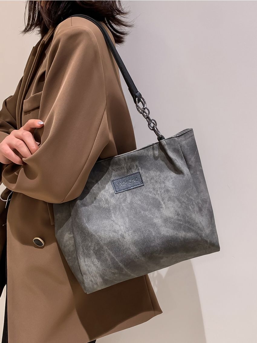 Letter Patch Decor Denim Shoulder Tote Bag