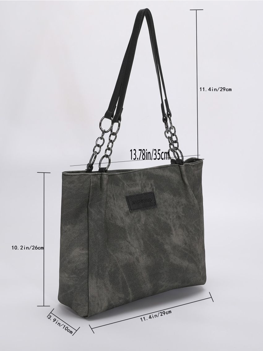 Letter Patch Decor Denim Shoulder Tote Bag