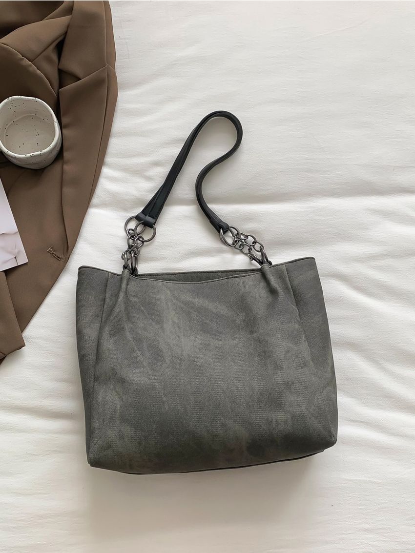 Letter Patch Decor Denim Shoulder Tote Bag