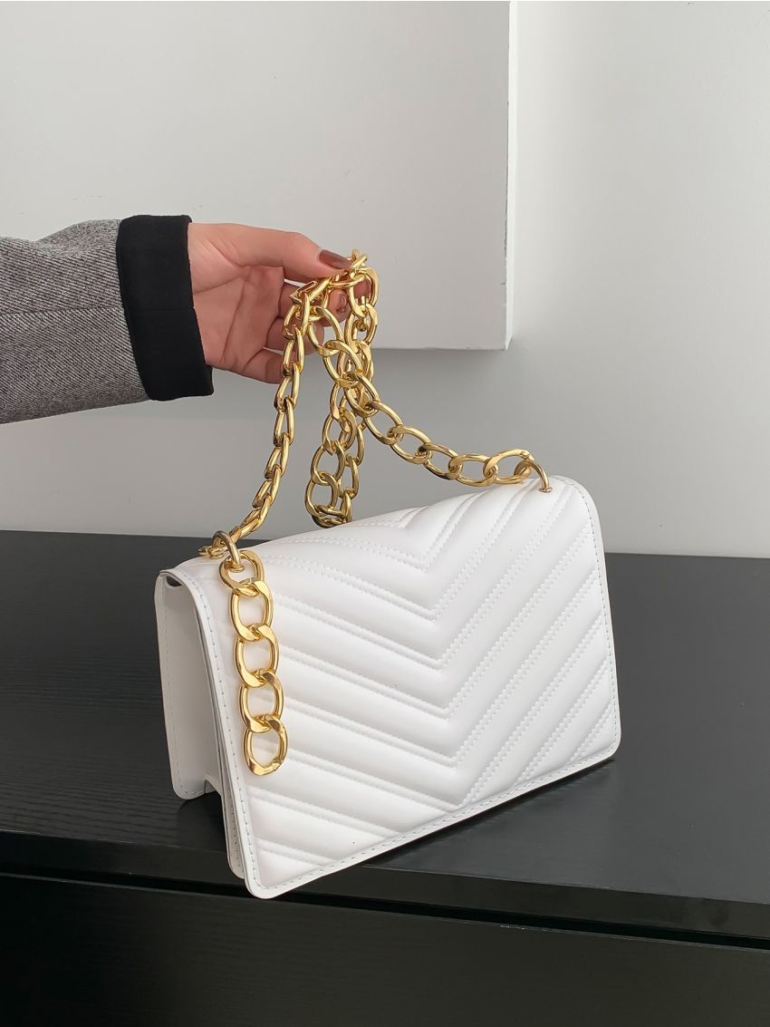 Chevron Quilted Chain Flap Square Bag