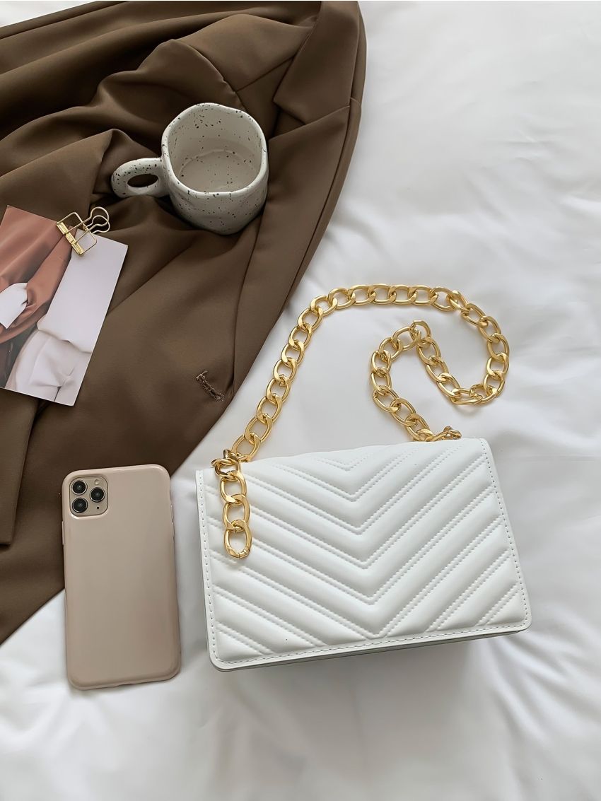 Chevron Quilted Chain Flap Square Bag
