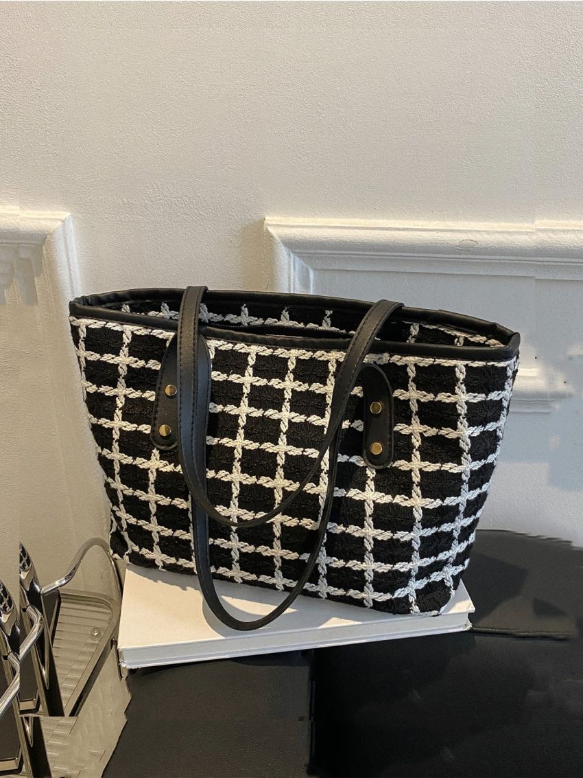 Plaid Pattern Studded Decor Textured Shoulder Bag