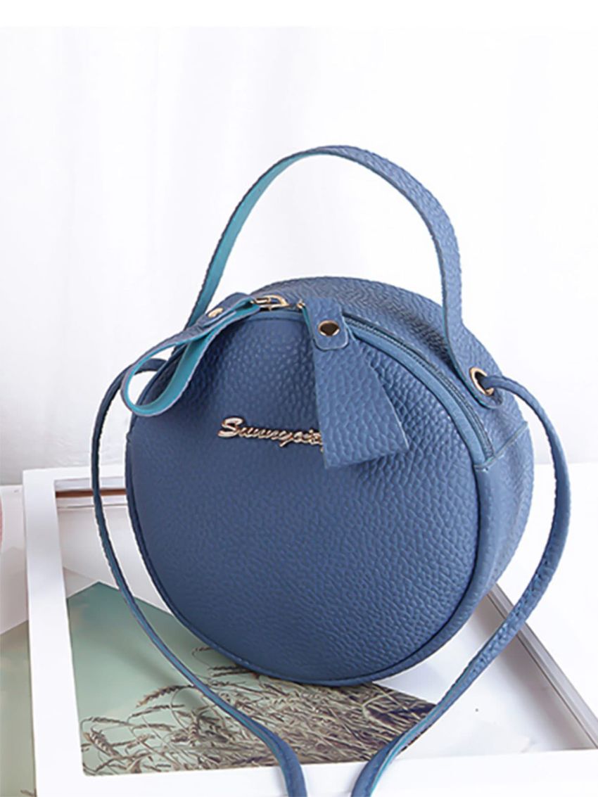 Mini Litchi Embossed Letter Decor Circle Bag