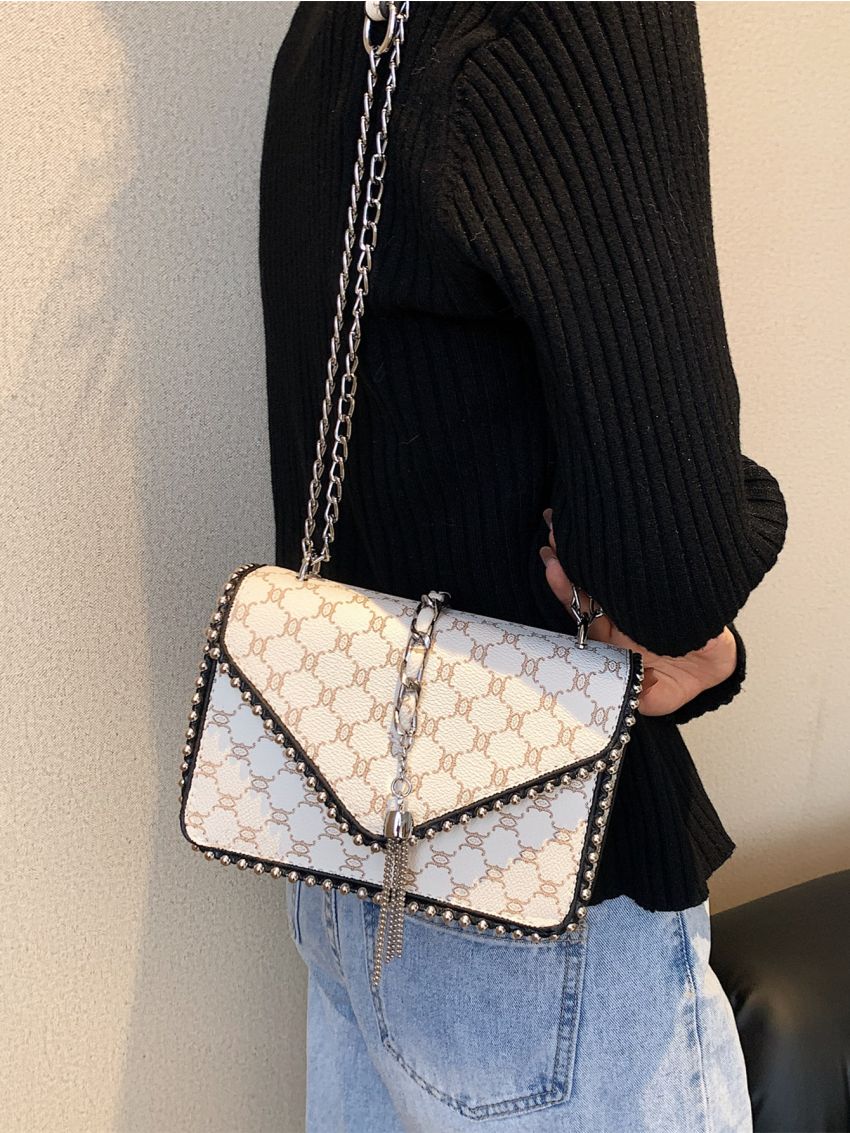 Mini Geometric Pattern Tassel Decor Flap Square Bag