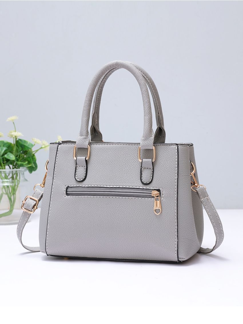 Trendy Double Handle Satchel Bag, Pompom & Metal Decor Purse, Women's PU Crossbody Bag, Mothers Day Gift For Mom