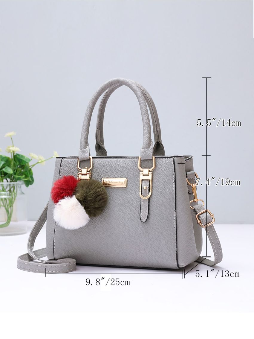 Trendy Double Handle Satchel Bag, Pompom & Metal Decor Purse, Women's PU Crossbody Bag, Mothers Day Gift For Mom