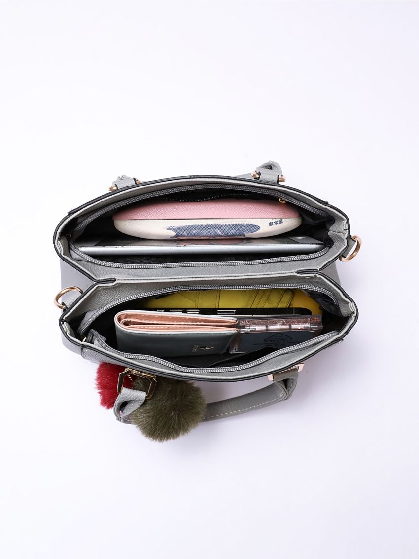 Trendy Double Handle Satchel Bag, Pompom & Metal Decor Purse, Women's PU Crossbody Bag, Mothers Day Gift For Mom