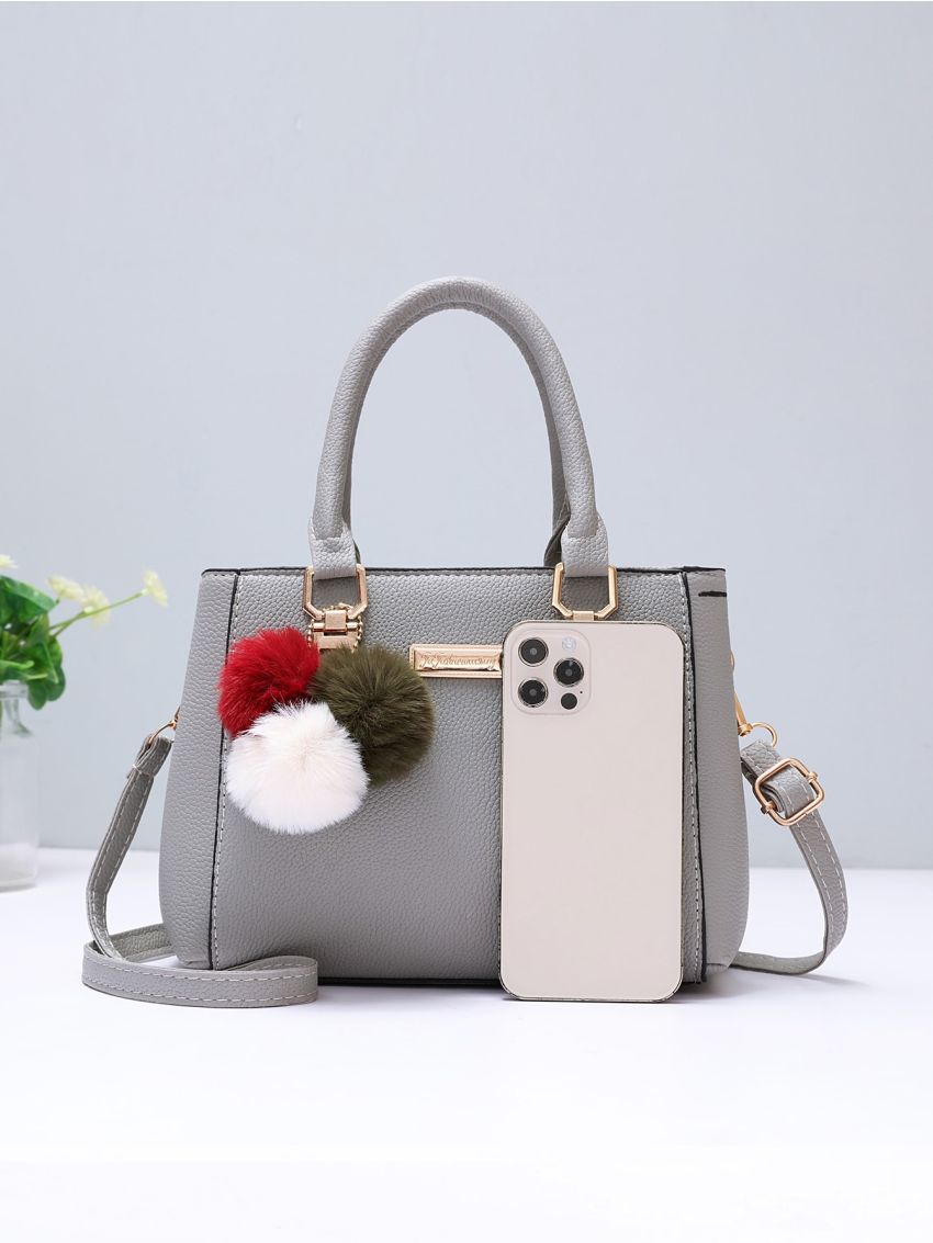 Trendy Double Handle Satchel Bag, Pompom & Metal Decor Purse, Women's PU Crossbody Bag, Mothers Day Gift For Mom