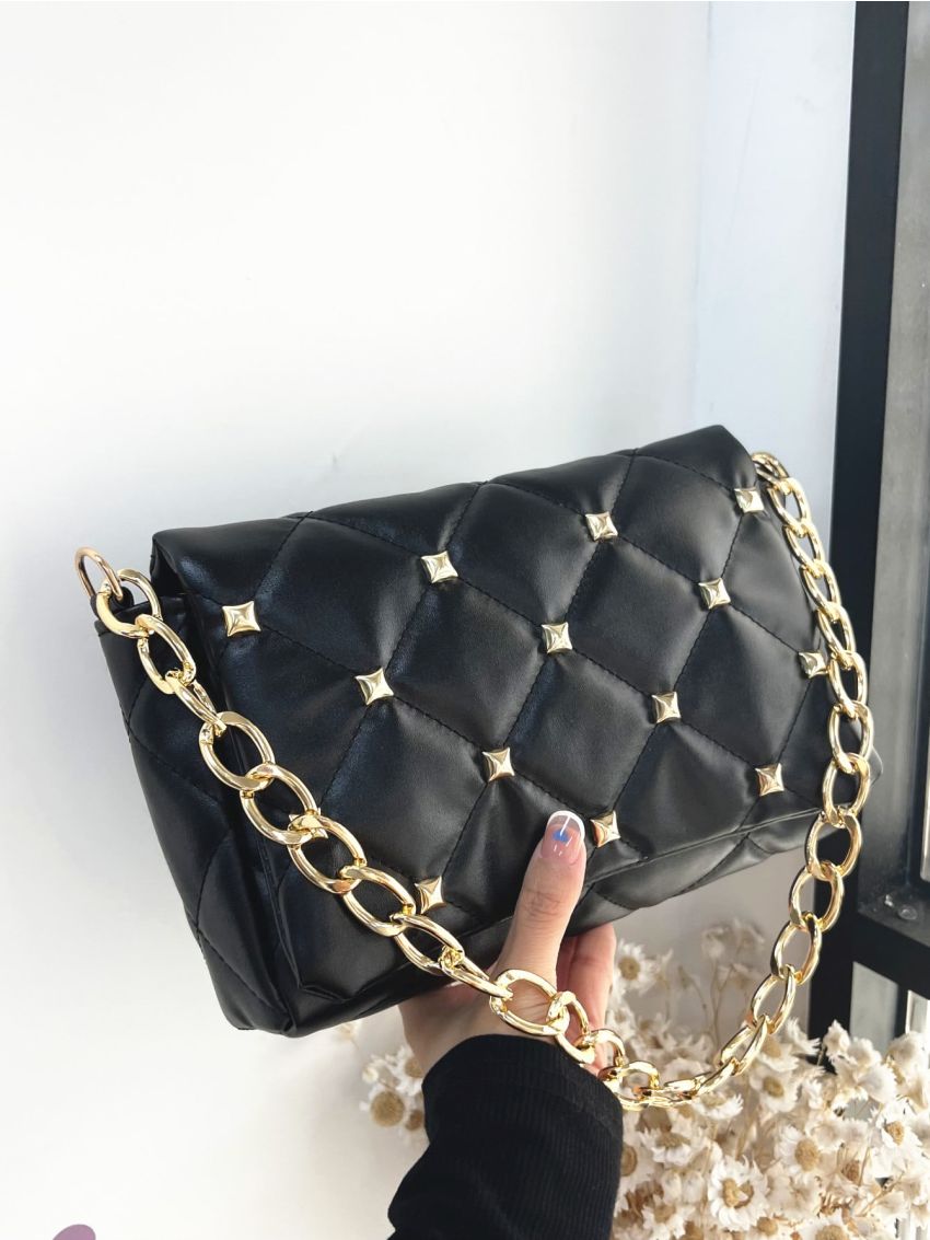 Quilted Studded Decor Flap Chain Square Bag