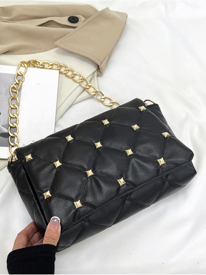 Quilted Studded Decor Flap Chain Square Bag