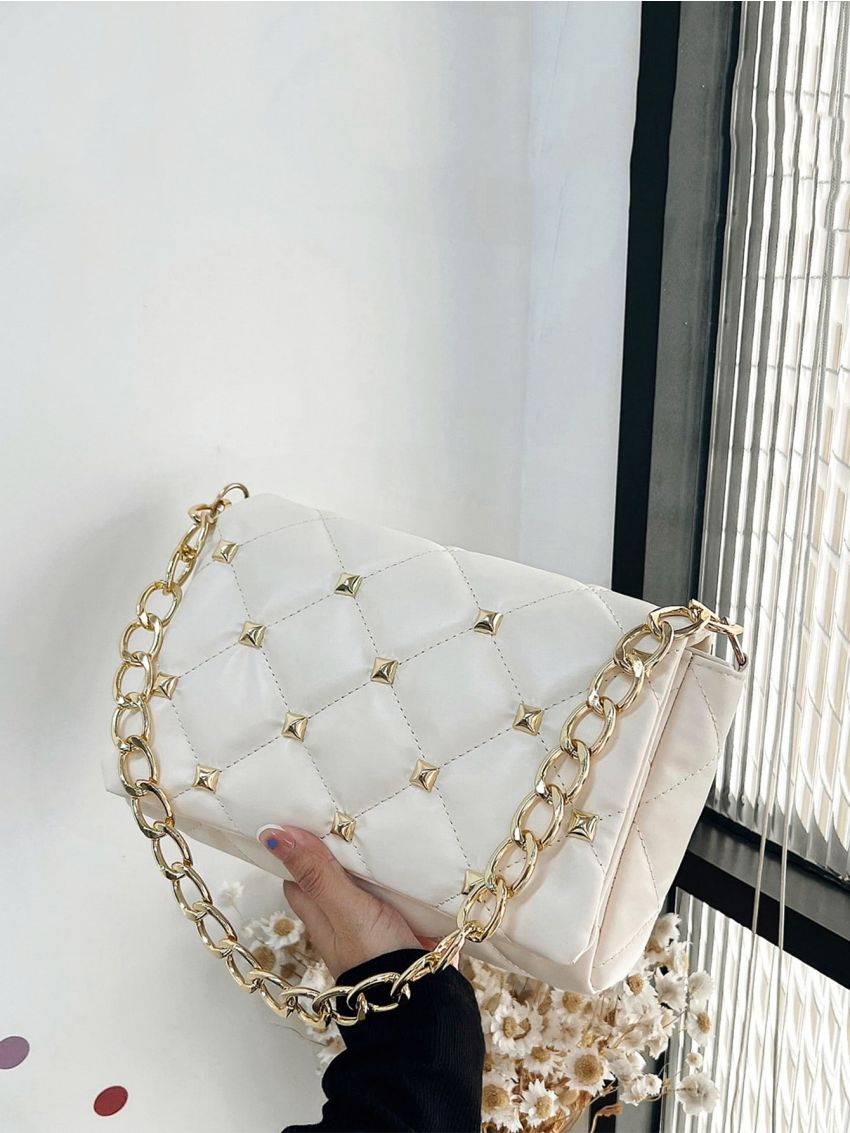 Quilted Studded Decor Flap Chain Square Bag
