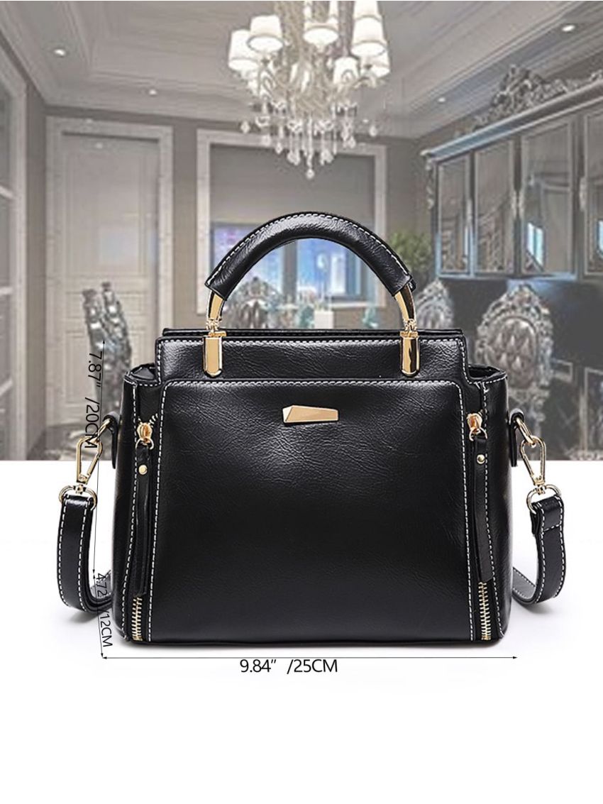 Retro Style Handbag, Women's Simple Zipper Purse Artificial Leather Crossbody Bag Metal Detail Square Bag