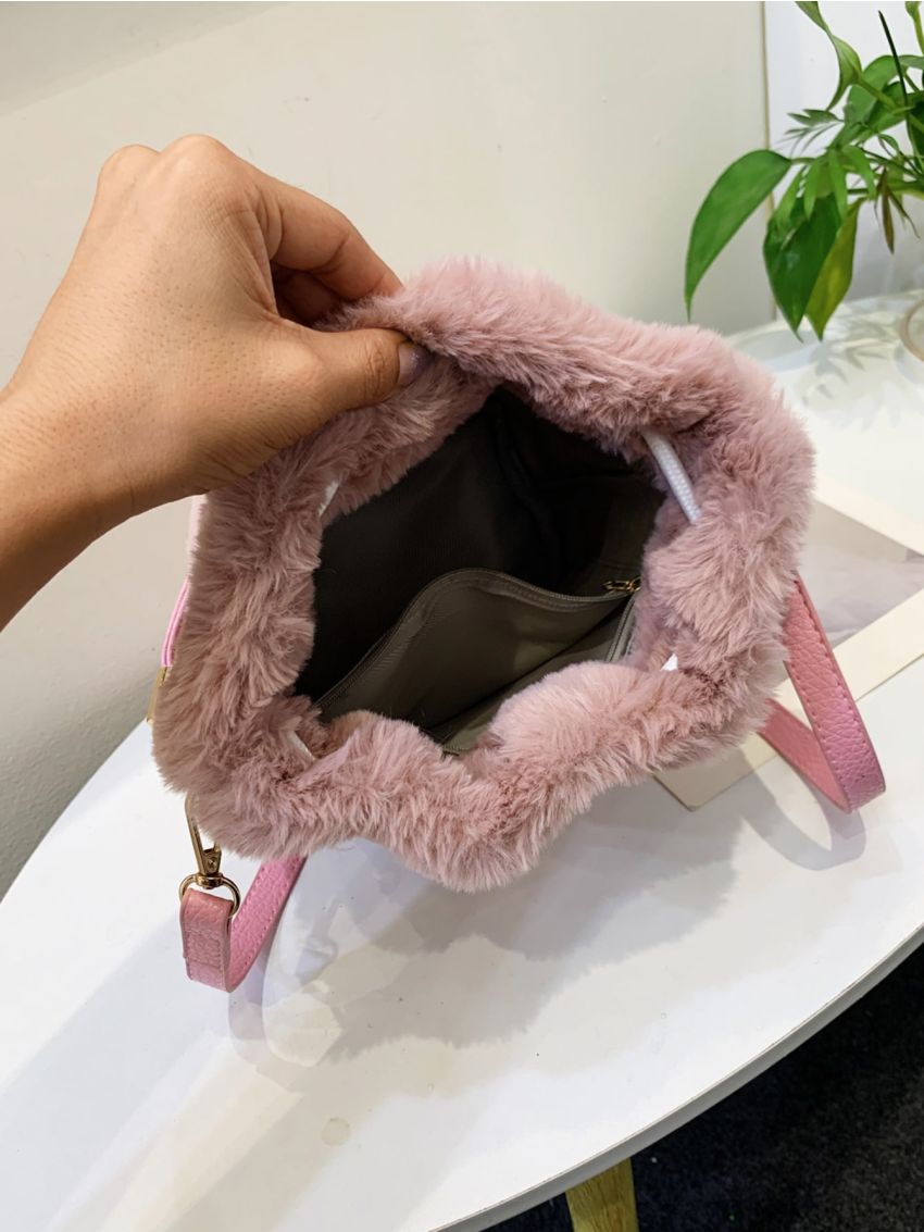 Mini Drawstring Design Fluffy Bucket Bag