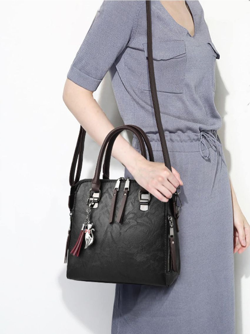 Double Handle Square Bag With Cat & Tassel Bag Charm