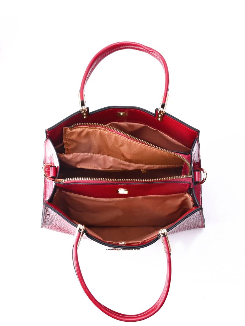 Crocodile Embossed Handbag, Pu Patent Shoulder Bag, Metal Decor Double Handle Purse Embossed Satchel Bag For Women