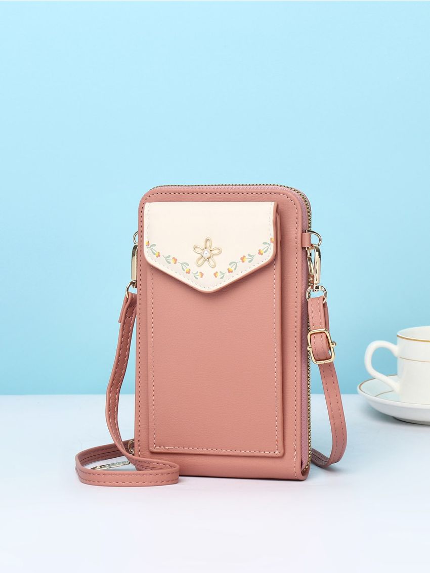 Flower Pattern Phone Wallet Faux Pearl Decor