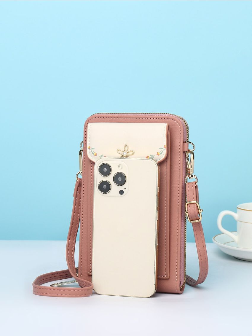 Flower Pattern Phone Wallet Faux Pearl Decor