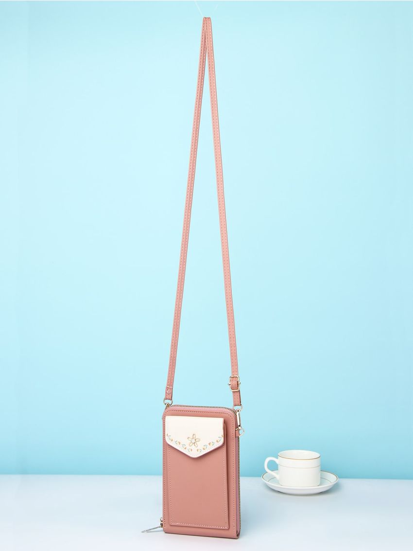 Flower Pattern Phone Wallet Faux Pearl Decor