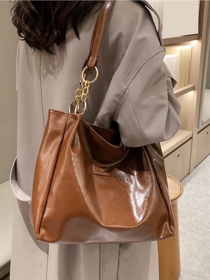 Patch Detail Shoulder Tote Bag