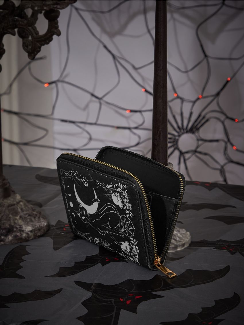 Goth Cat & Moon Pattern Card Holder With Random Zip