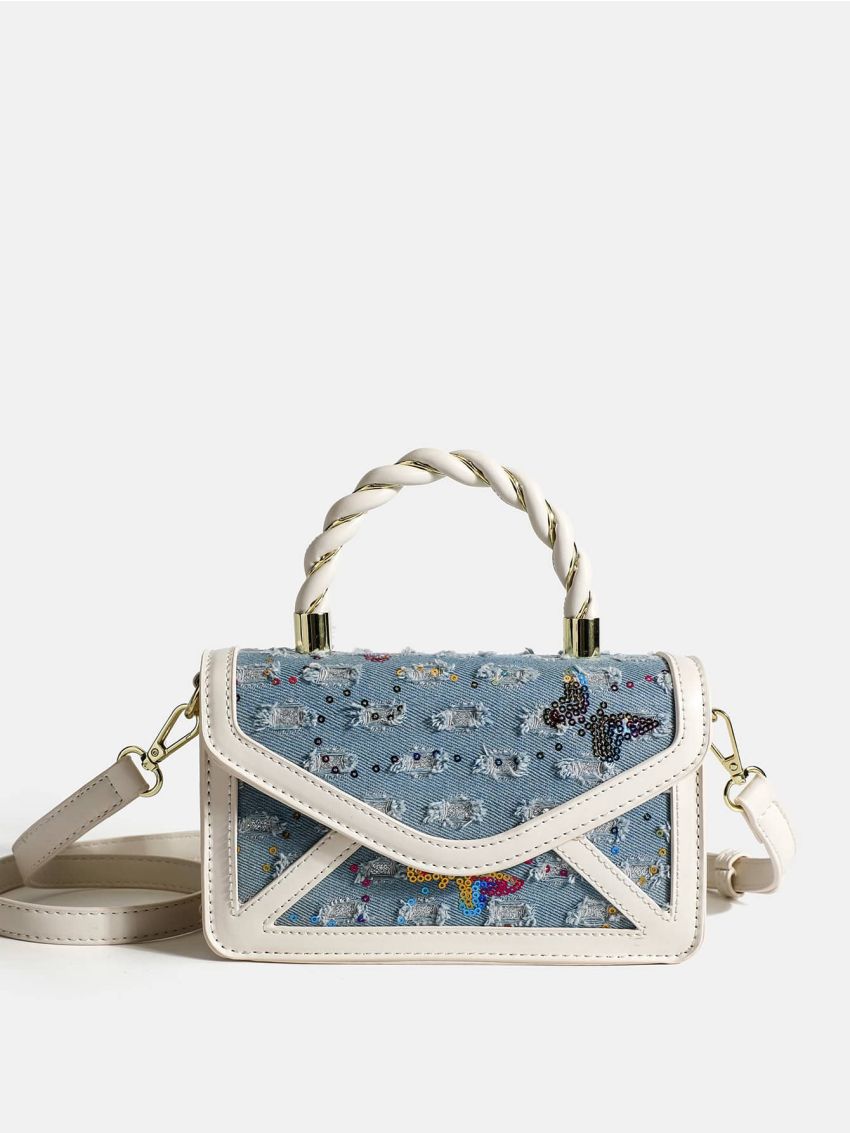 Sequin Butterfly Decor Ripped Flap Square Bag