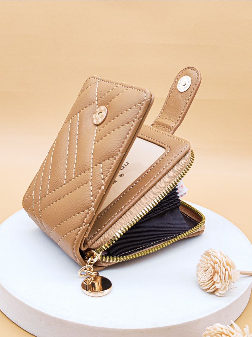 Stitch Detail Card Holder Snap Button Zipper PU Multi-Card Card Organizer for Storage Credit Cards