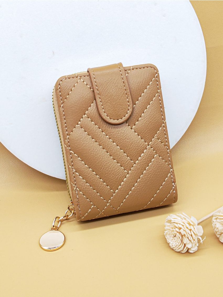 Stitch Detail Card Holder Snap Button Zipper PU Multi-Card Card Organizer for Storage Credit Cards