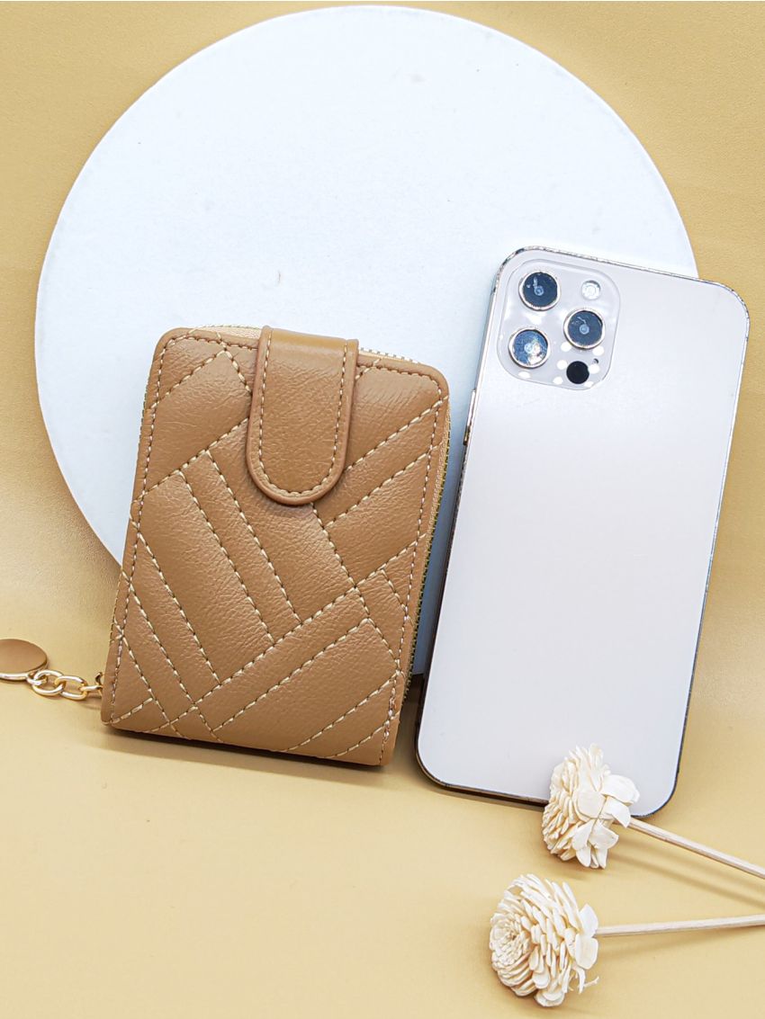 Stitch Detail Card Holder Snap Button Zipper PU Multi-Card Card Organizer for Storage Credit Cards