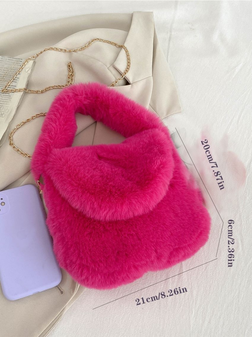 Neon Pink Chain Decor Fluffy Hobo Bag