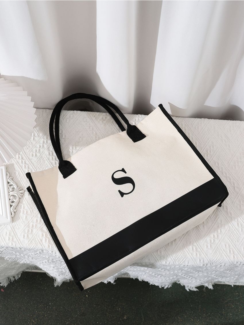 Letter Detail Tote Bag, Women's Simple Canvas Handbag Large Versatile Shopping Bag