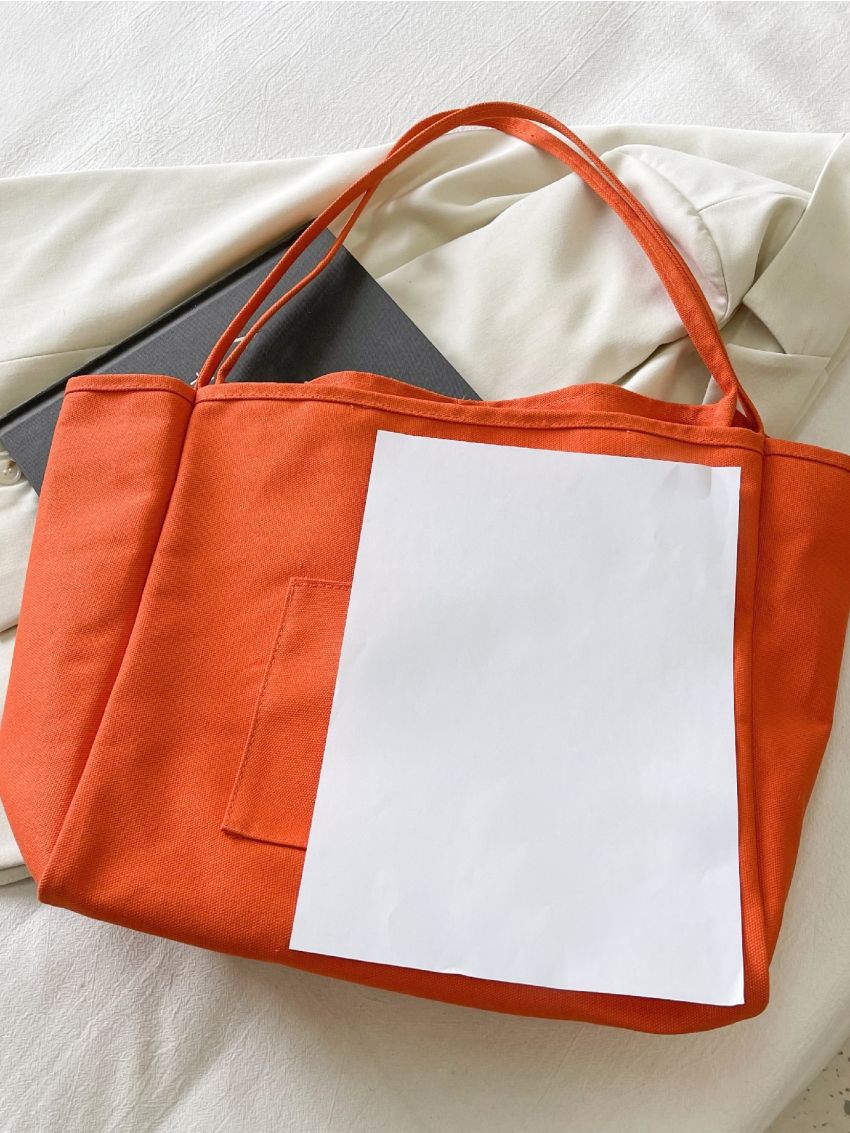Neon Orange Letter Patch Shoulder Tote Bag, Large Capacity Tote Bag For Work And Travel