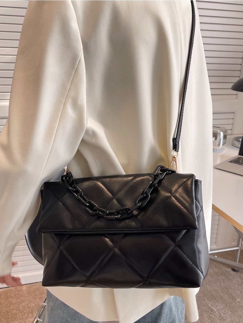 Quilted Chain Flap Square Bag