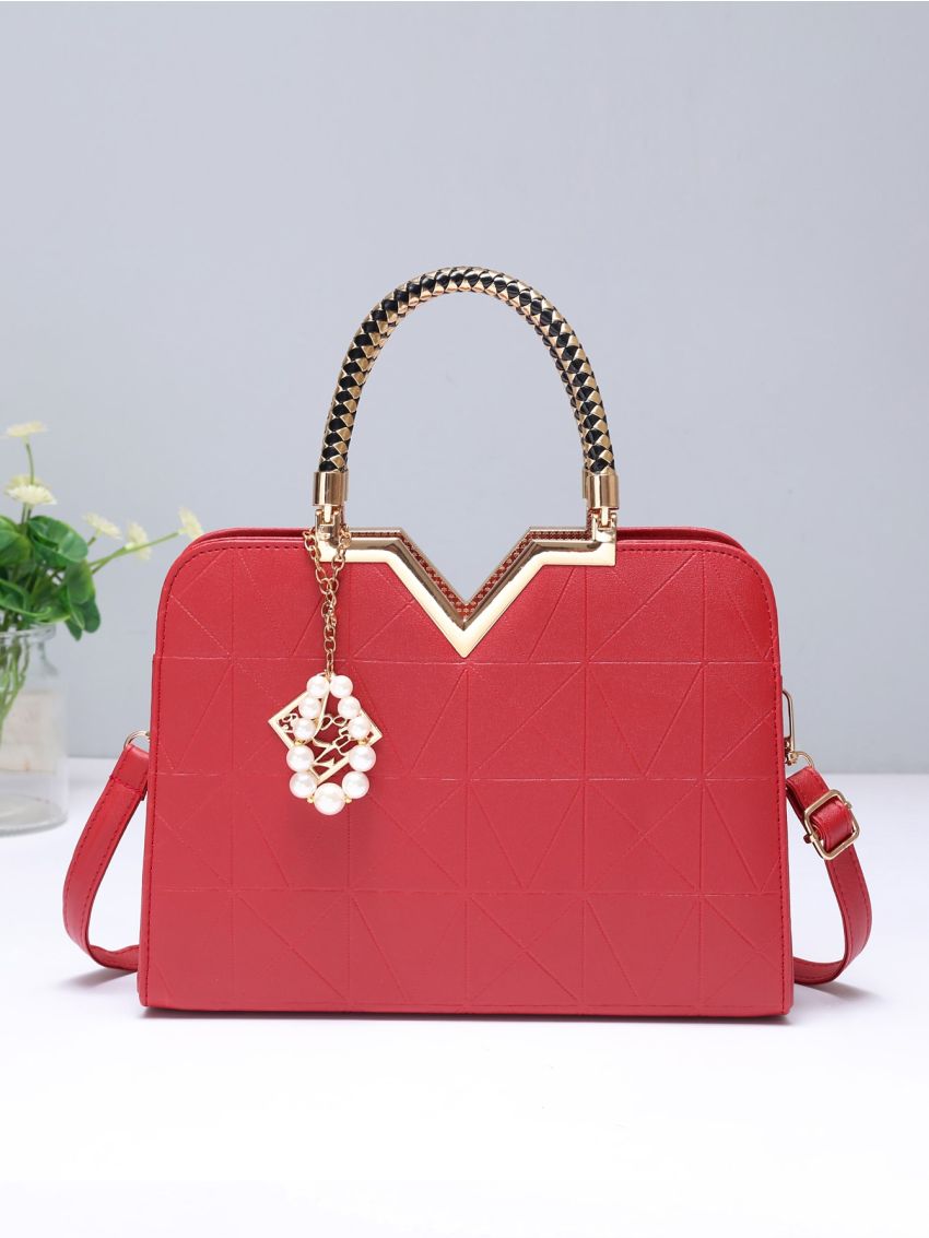 Metal Decor Square Bag With Bag Charm, Mothers Day Gift For Mom