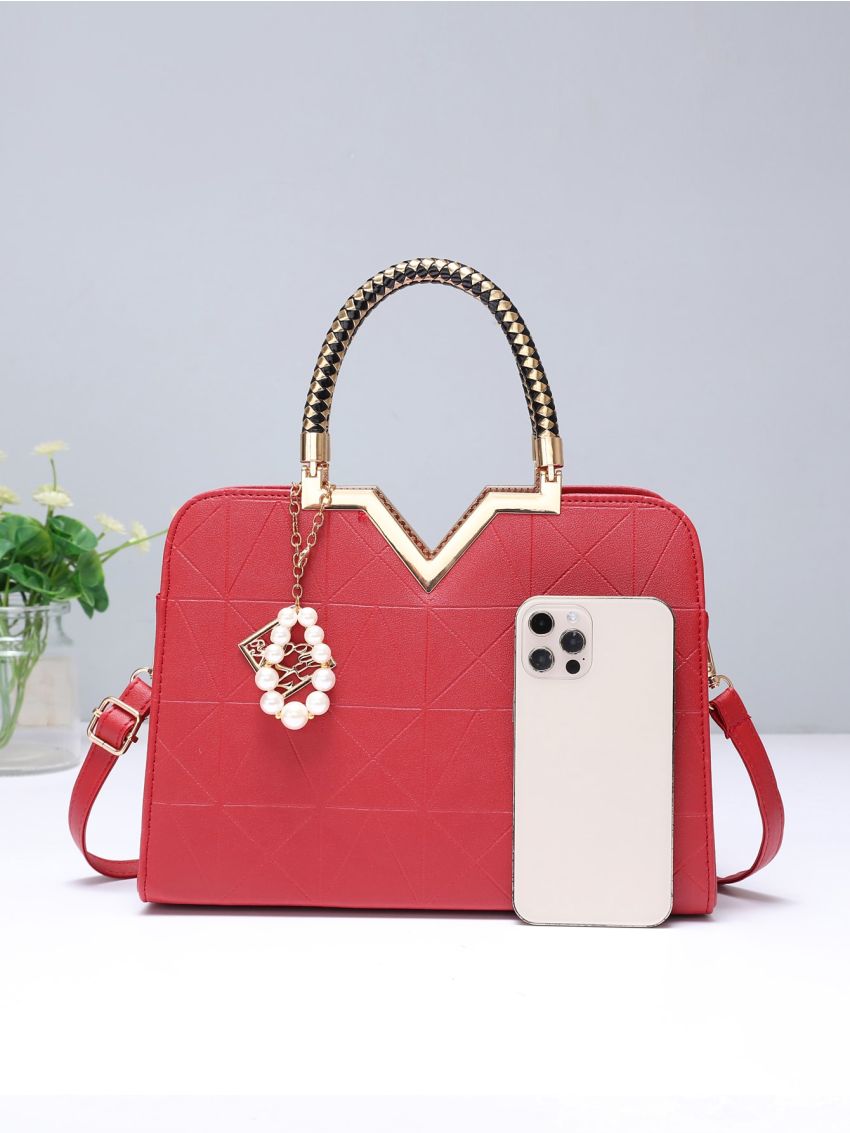 Metal Decor Square Bag With Bag Charm, Mothers Day Gift For Mom