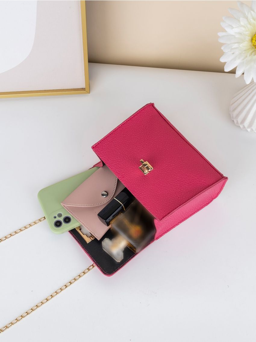 Mini Neon Pink Twist Lock Flap Chain Square Bag
