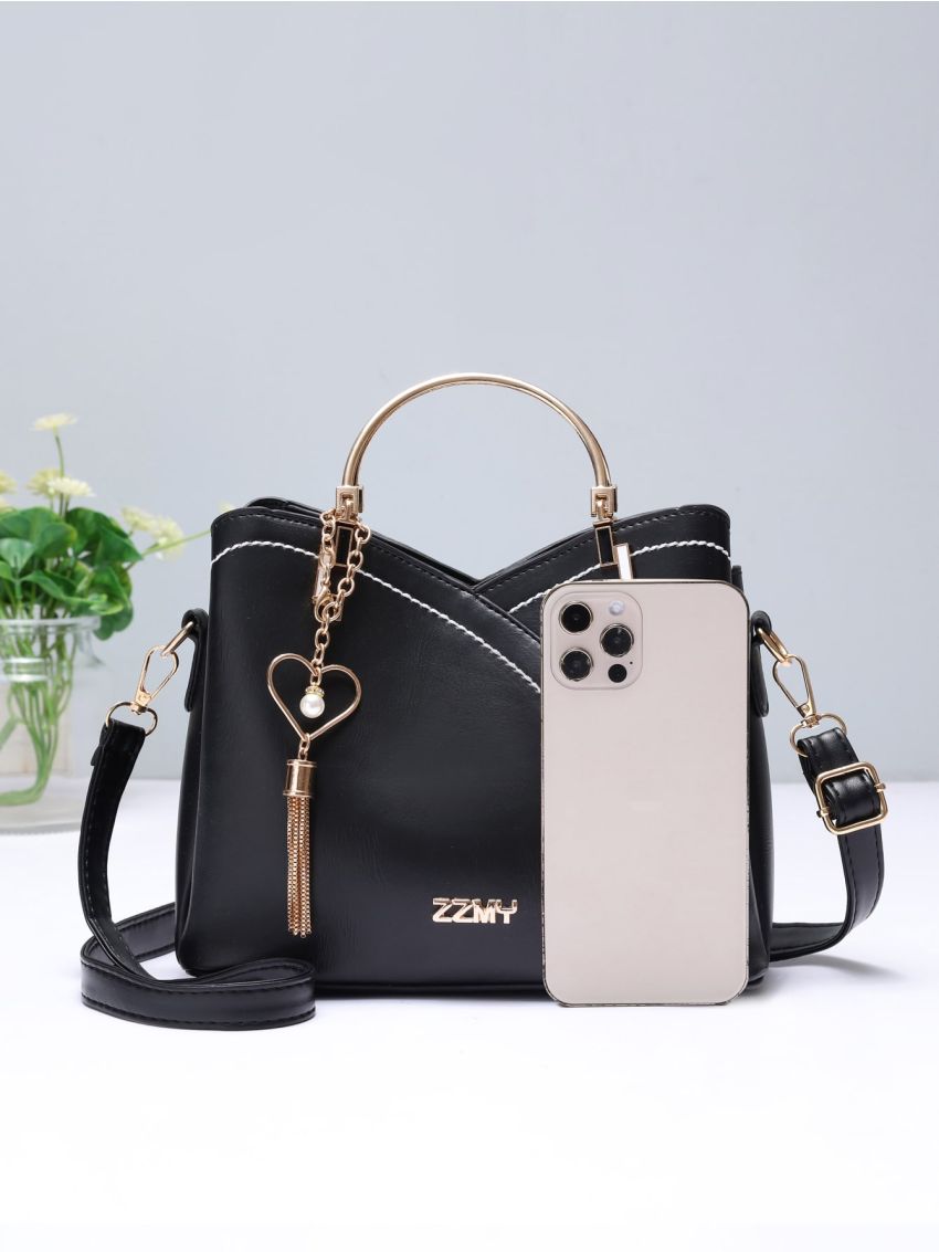 Color Block Satchel Bag, Trendy Metal Tassel Decor Crossbody Bag, Women's Top Ring Purse (9.1 X 7.5 X 4.5) Inch, Mothers Day Gift For Mom