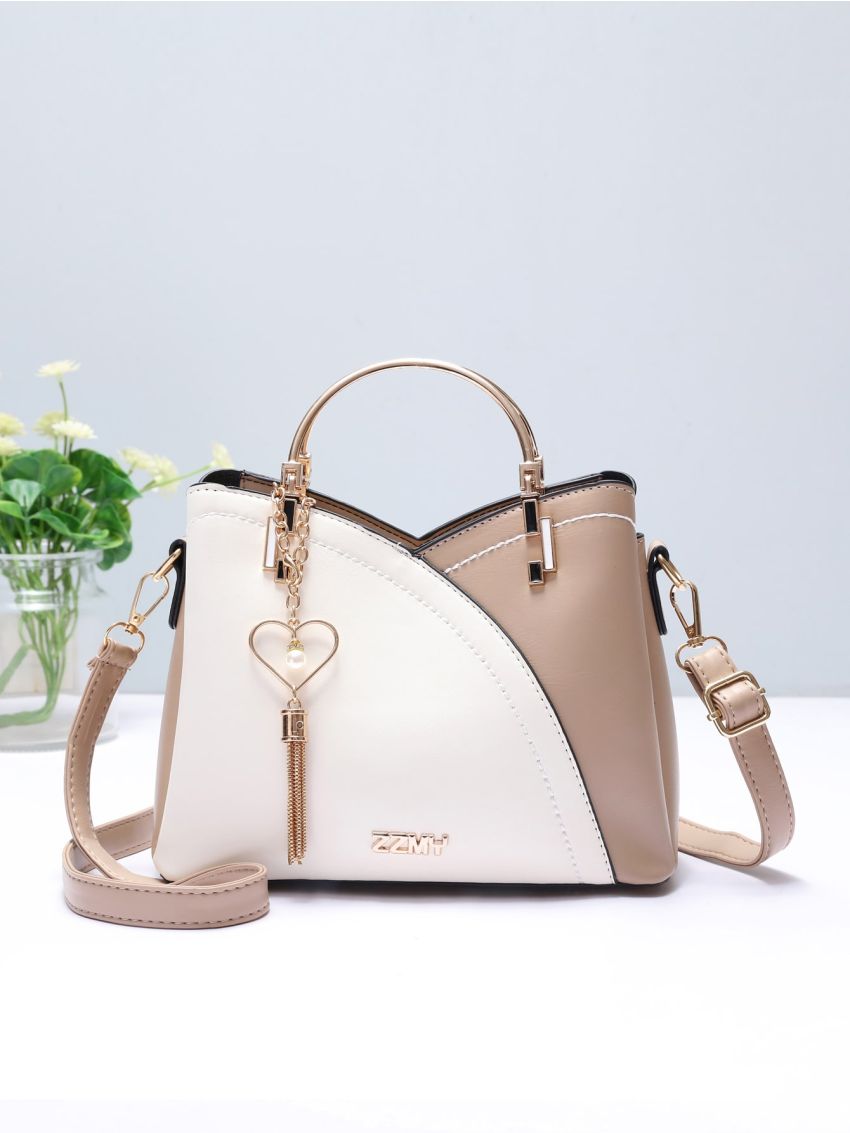 Color Block Satchel Bag, Trendy Metal Tassel Decor Crossbody Bag, Women's Top Ring Purse