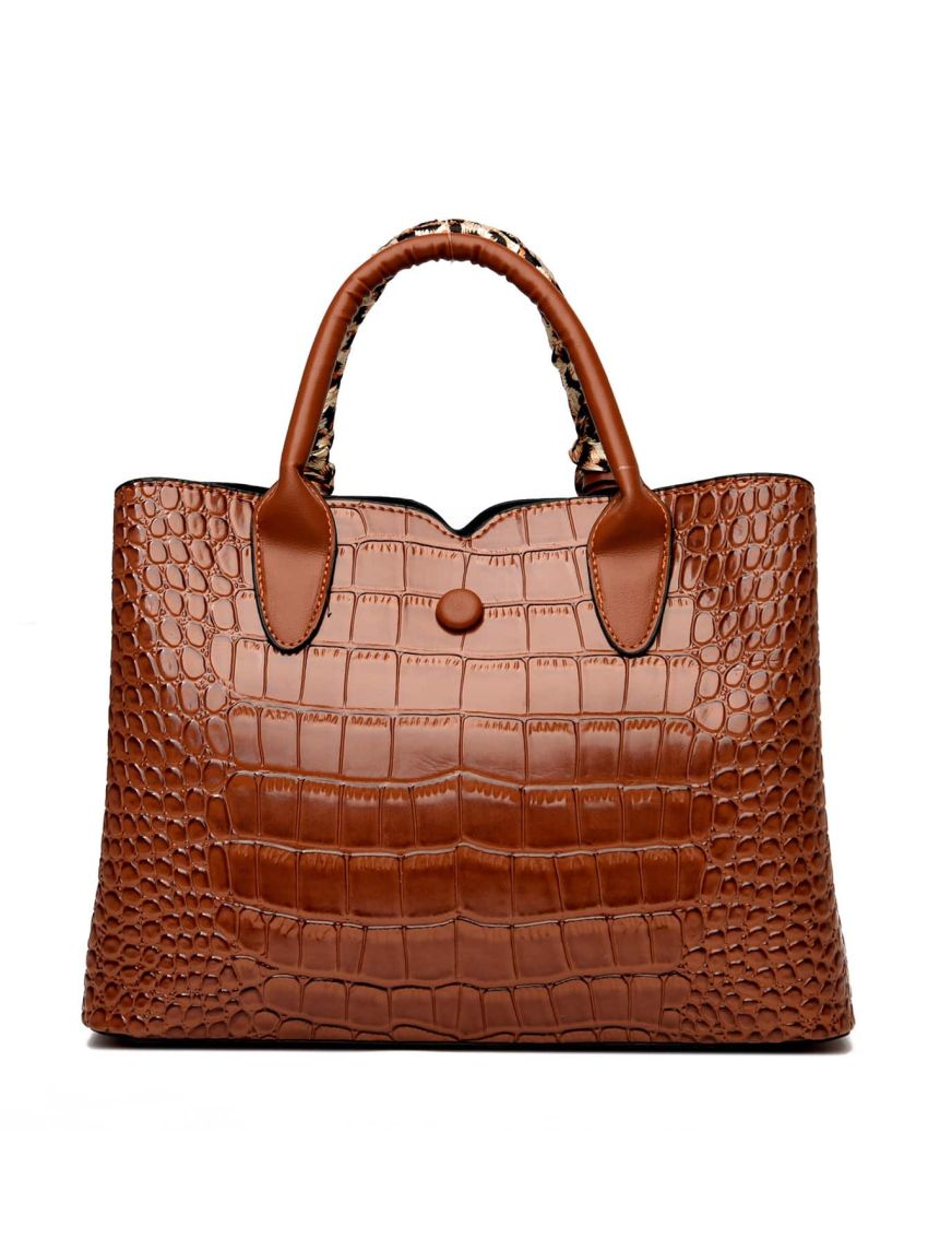 Leopard Pattern Twilly Scarf Decor Crocodile Embossed Square Bag