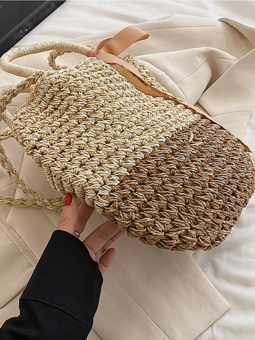 Twilly Scarf Decor Drawstring Design Straw Bag