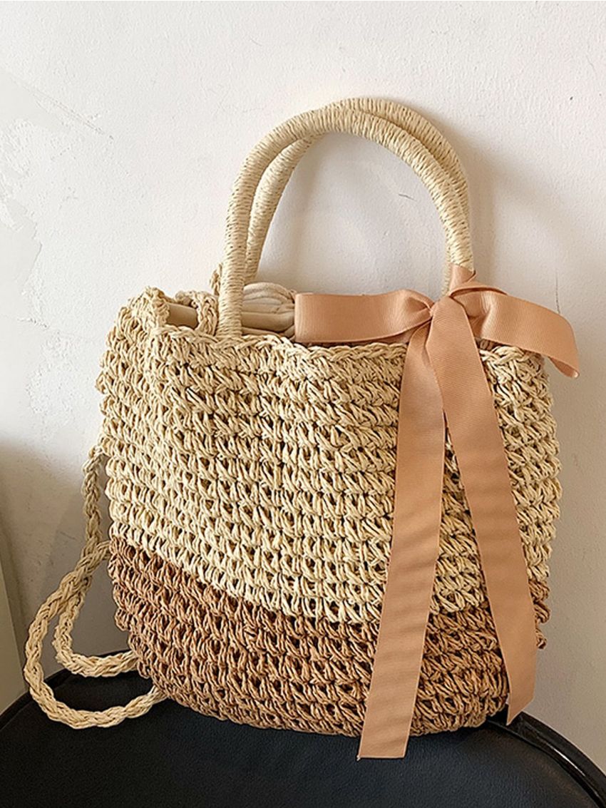 Twilly Scarf Decor Drawstring Design Straw Bag