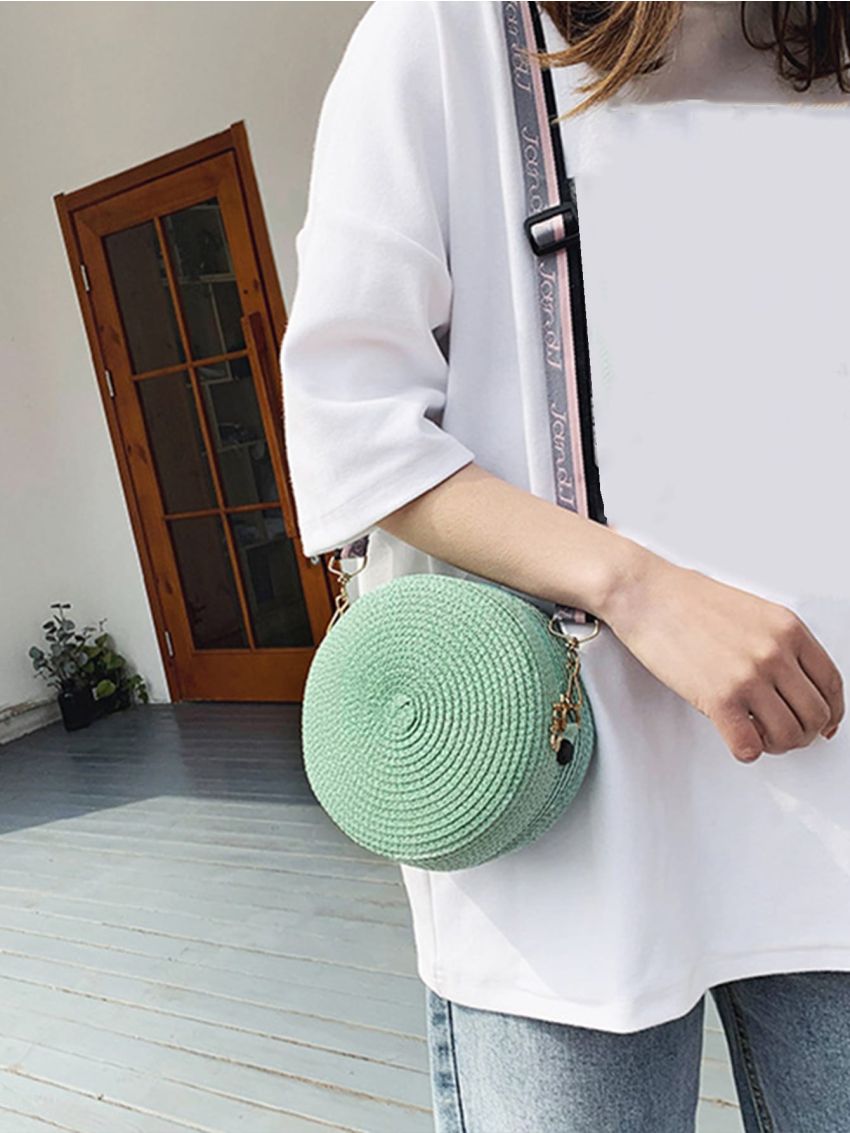 Women Round Small Handbag Purse Straw Weave Bohemia Shoulder Crossbody Bag