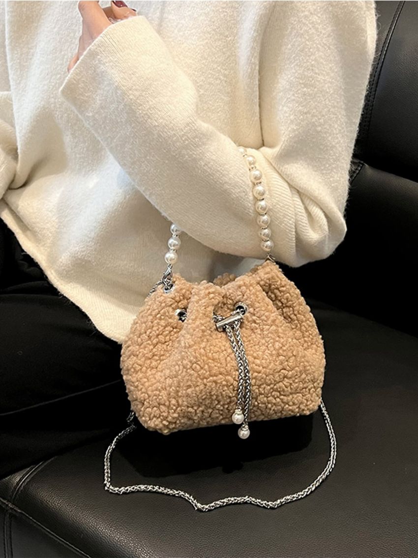 Faux Pearl Decor Drawstring Design Chain Bucket Bag