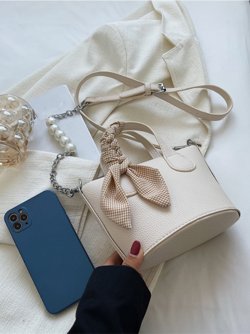 Mini Litchi Embossed Twilly Scarf & Faux Pearl Decor Bucket Bag